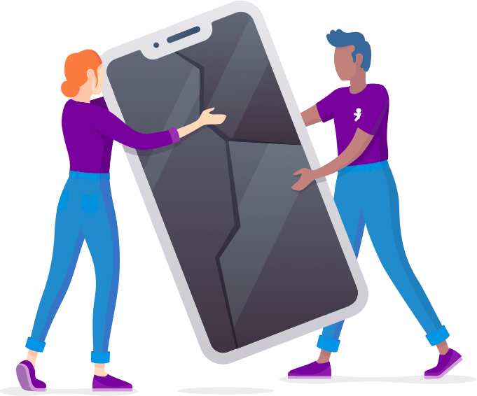 Ilustração de um homem e mulher apoiando um celular